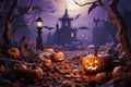 AI generated illustration of Halloween themed haunted house and a pile of pumpkins at night Royalty Free Stock Photo