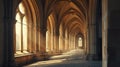 AI-generated illustration of a hallway in a beautiful gothic cathedral illuminated by warm sunlight
