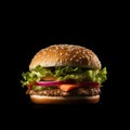 AI generated illustration of a hamburger with lettuce, tomato and meat on a black background