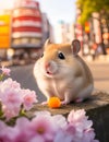 AI-generated illustration of A hamster standing on a rock with a cityscape in the background