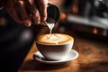 AI generated illustration of a man pouring steamed milk into a cup of freshly brewed espresso coffee