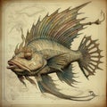 a drawing of a fish with a huge head and long curved fins