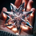 AI-generated illustration of a hand holding a crystal snowflake ornament