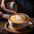 AI generated illustration of a hand pouring steaming white milk into a cup of freshly-brewed coffee