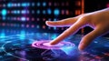 AI generated illustration of a hand touching a button on a digital interface Royalty Free Stock Photo