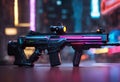 AI generated illustration of a handgun with a bright pink neon stripe design on it