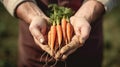 AI-generated illustration of hands holding a bundle of fresh, raw carrots with root sprouts. Royalty Free Stock Photo