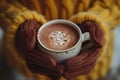 AI generated illustration of hands holding a cup of steaming hot chocolate topped with cinnamon