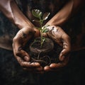 AI generated illustration of hands holding a green tendril in soil