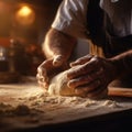 AI generated illustration of the hands of a man kneading dough on a wooden table Royalty Free Stock Photo