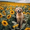 AI generated illustration of a happy dog with tongue out standing in sunflower field Royalty Free Stock Photo