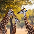 AI generated illustration of a happy family of giraffes standing in the shade of a tall tree Royalty Free Stock Photo