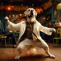 a dog dressed in a white suit dancing in a restaurant