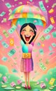 AI generated illustration of a woman winning the lottery jackpot under raining money