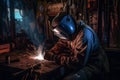 AI generated illustration of a hardworking laborer performing a welding task on a section of steel Royalty Free Stock Photo