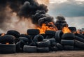 AI-generated illustration of A heap of burnt black tires in the foreground of a large blazing fire Royalty Free Stock Photo