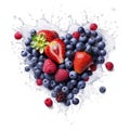 AI generated illustration of a heart shape of fresh blueberries and strawberries into water splash