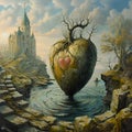 a heart-shaped object in front of a castle with a moat Royalty Free Stock Photo