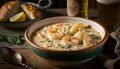 AI generated illustration of a hearty bowl of seafood chowder with potatoes and cream