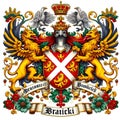 AI-generated illustration of a heraldic coat of arms featuring two griffins and floral motifs Royalty Free Stock Photo