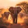 AI-generated illustration of A herd of African elephants running in the warm African sun Royalty Free Stock Photo