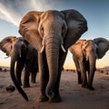 AI generated illustration of a herd of African elephants standing in the open savanna Royalty Free Stock Photo