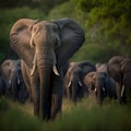 AI generated illustration of A herd of African elephants in a tropical jungle setting Royalty Free Stock Photo