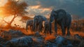 AI generated illustration of a herd of African elephants walking across a grassy savannah