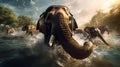 AI generated illustration of a herd of African Elephants walking through a shallow body of water Royalty Free Stock Photo