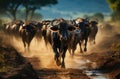 AI generated illustration of a herd of buffalos running in a desert Royalty Free Stock Photo