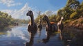 AI generated illustration of a herd of dinosaurs walking through the river