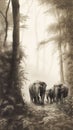 AI generated illustration of a herd of elephants meandering along a sandy path