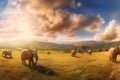 AI generated illustration of a herd of elephants peacefully grazing in the savannah near a hill