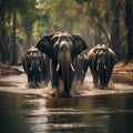 AI generated illustration of a herd of elephants trudging through a river with lush trees