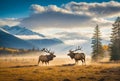 AI generated illustration of a herd of elk grazing in a field Royalty Free Stock Photo