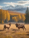 AI generated illustration of a herd of elk grazing in a field Royalty Free Stock Photo