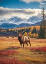AI generated illustration of a herd of elk grazing in a field Royalty Free Stock Photo