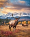 AI generated illustration of a herd of elk grazing in a field Royalty Free Stock Photo