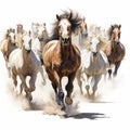 AI generated illustration of a herd of horses running across a vibrant white backdrop