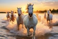 AI generated illustration of a herd of wild horses running in the sea at sunset Royalty Free Stock Photo