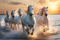 AI generated illustration of a herd of wild horses running in the sea at sunset Royalty Free Stock Photo