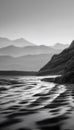 AI generated illustration of a high-resolution black and white sea and a rocky shoreline Royalty Free Stock Photo