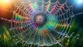 a close up image of a spider web in the grass