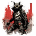 AI generated illustration of An adorable black tabby cat in the city