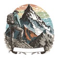 AI-generated illustration with a hiker climbing mountains with a small space for text Royalty Free Stock Photo