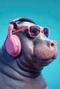 AI generated illustration of a hippo wearing headphones and sunglasses on a blue background