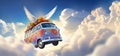 AI generated illustration of Hippye flying van with floral patterns and wings penetrating the clouds