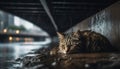 AI-generated illustration of a homeless cat huddled under a bridge during rain.