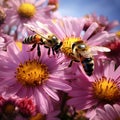 AI generated illustration of honeybees hovering over pink flowers