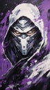 AI generated illustration of a hooded soldier portrait, wearing a mask on a purple background